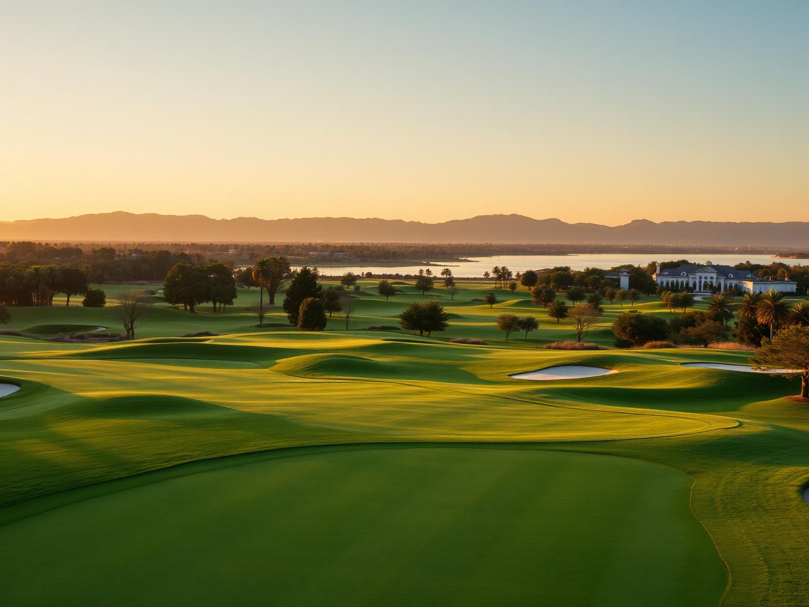 18-hole championship golf course at sunset