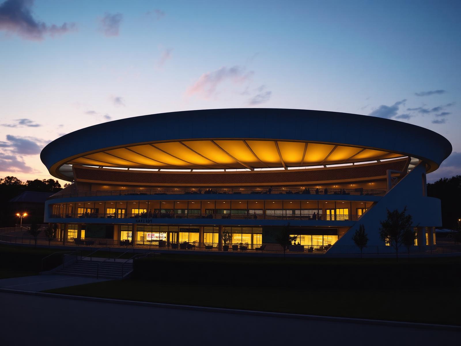 National cricket stadium at dusk