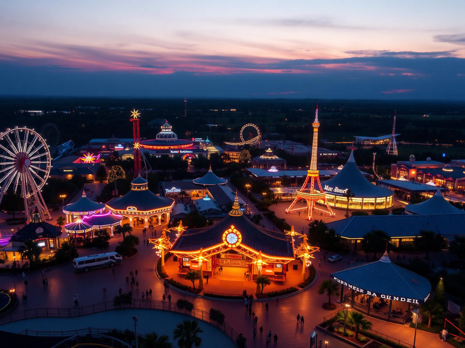 International-standard theme park at dusk